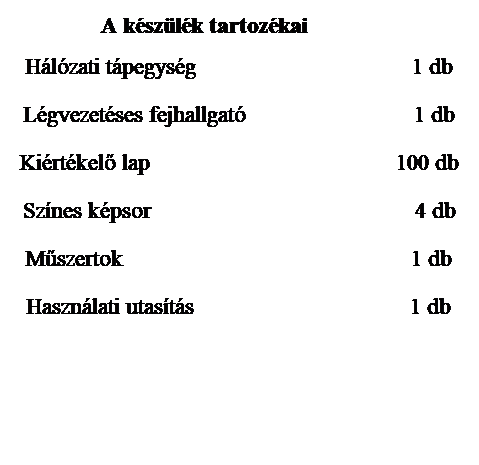 Szvegdoboz: A kszlk tartozkai
 
Hlzati tpegysg                                    1 db
Lgvezetses fejhallgat                            1 db
Kirtkel lap                                         55 db
Sznes kpsor                                            4 db
Mszertok                                                1 db
Hasznlati utasts                                    1 db
